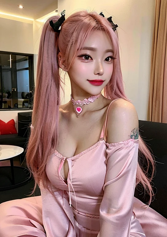 One girl,(Captivating quality:1.4),(Highest quality authentic textured skins), Delicate face,Pink twin tail hair, Gradient Hair, (Perfect body:1.1),Heart-shaped choker、Long eyelashes,Grin, Hyper Photorealism, Cinema Lighting, projected inset, Surrealism, Hyper HD, Tabletop,Keep dreaming,Please wear transparent silk pajamas,Carmelite,tattoo,Fantasy Space,Extravagant space