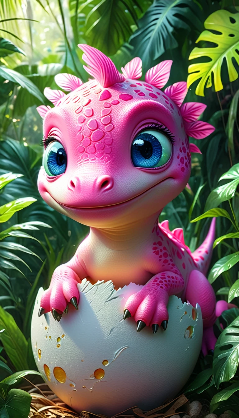 a cute pink dinosaur hatching from an egg, beautiful detailed eyes, beautiful detailed face, extremely detailed eyes and face, adorable expression, lush jungle background, dreamy, whimsical, watercolor, digital painting, (best quality,4k,8k,highres,masterpiece:1.2),ultra-detailed,(realistic,photorealistic,photo-realistic:1.37),vibrant colors,soft lighting