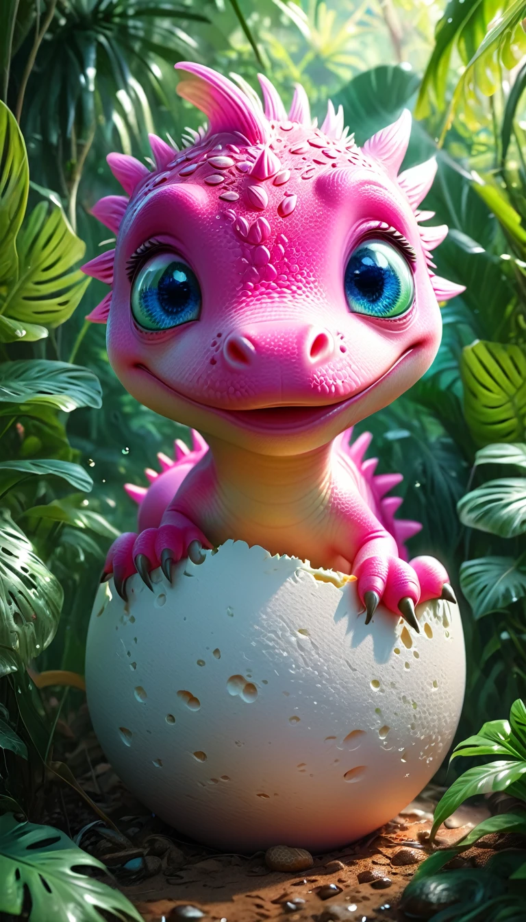 a cute pink dinosaur hatching from an egg, beautiful detailed eyes, beautiful detailed face, extremely detailed eyes and face, adorable expression, lush jungle background, dreamy, whimsical, watercolor, digital painting, (best quality,4k,8k,highres,masterpiece:1.2),ultra-detailed,(realistic,photorealistic,photo-realistic:1.37),vibrant colors,soft lighting