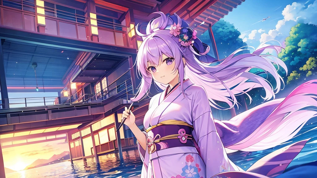 woman clear Light purple hair kimono Anime Style Boat