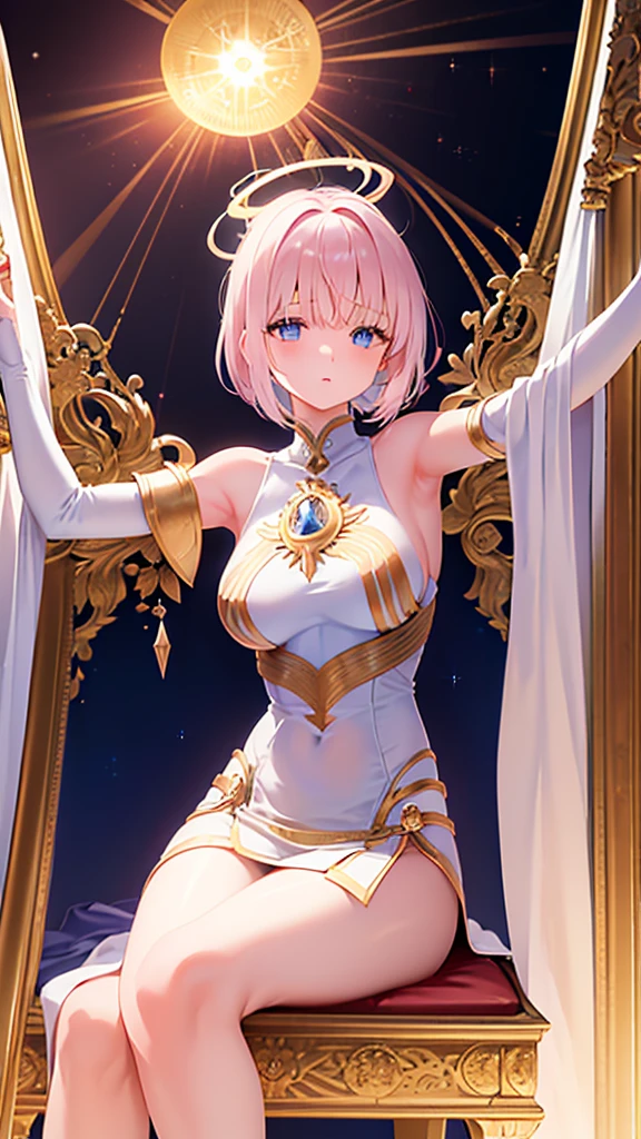 Name: Akaumi
Element: STELLARA
Description: The Radiant AdmiralSource of hope and guidance for her people, Akaumi commands the Celestial Beacon Fleet with unwavering determination and compassion. Her shining soul illuminates the darkest corners of combat, encouraging her comrades to persevere.
Prompt: ((((Bold Makoto, Divine Etching, ultrahigh resolution)))), 1girl, determined, seated, (pink short bob), waits, fair complexion, ((blue eyes)), glowing silver stars around eyes, ((meticulous face drawings: 0.8, elegant headpiece decoration: 0.9)), centered, close-up shot, three-quarter view, bathed in celestial blue light, A-Cup breasts, considers the viewer, longing gaze, ((gracefully resting hand on chin: 0.8)), stunning lighting, kingdom foreground, serene expression, sunspot throughout photo, flag of outstretched arm, 35 years old,etoile,lively, high-saturation colours)
