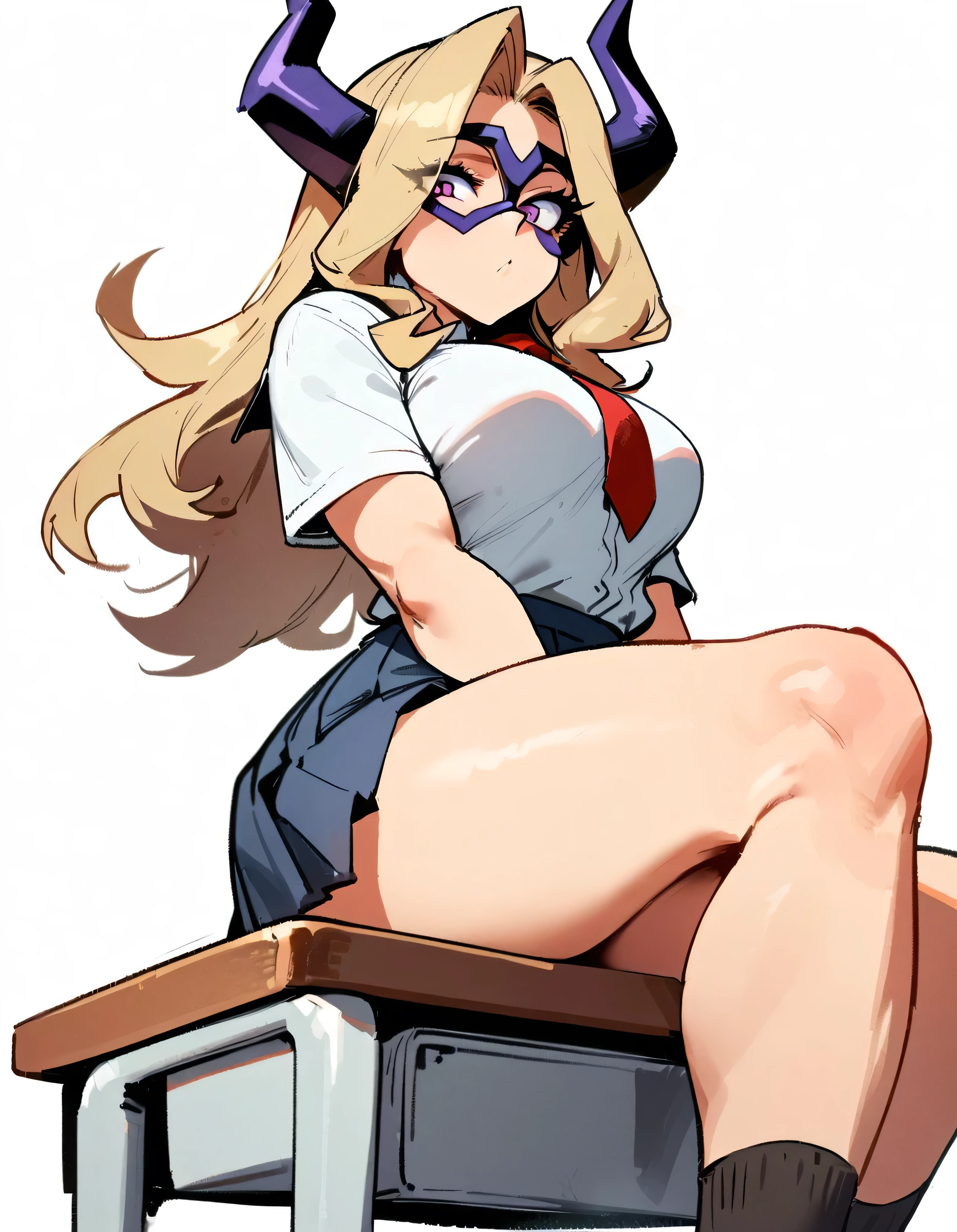 1girl, mount lady, boku no hero academia \\\\\ masterpiece, best quality, very aesthetic, absurdres, newest \\\\\\ sportive body,  \\\\\\  by dodok, nyantcha, cutesexyrobutts, by khyle ///// blonde, purple eyes,  (school uniform:1.2), skirt, , 24 years old, white background,tie,sit on desk, below view, 