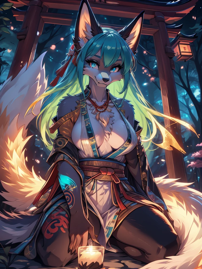 Miku Hatsune x vixen high definition good anatomy add_detail:1, blue fur,kitsune ears, tribal tattoo add_detail:1, cute girl add_detail:1, feudal priestess clothing add_detail:1, japanese shrine landscape add_detail:1, japanese shrine costume add_detail:1, add_detail:1, fullbody descalza add_detail, highly detailed face, deep aqua iris add_detail:1 lighting eyes add_detail:3, wolf claws, sharp fangs add_detail:1, wild slut add_detail:1, aura of resplendent light add_detail:3, magic aura add_detail