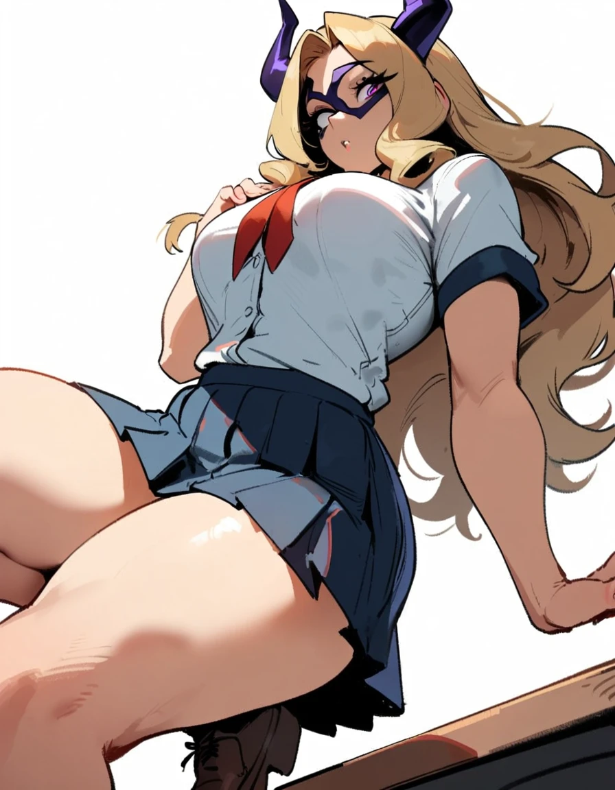 1girl, mount lady, boku no hero academia \\\\\ masterpiece, best quality, very aesthetic, absurdres, newest \\\\\\ sportive body,  \\\\\\  by dodok, nyantcha, cutesexyrobutts, by khyle ///// blonde, purple eyes,  (school uniform:1.2), skirt, , 24 years old, white background,tie,sit on desk, below view, 