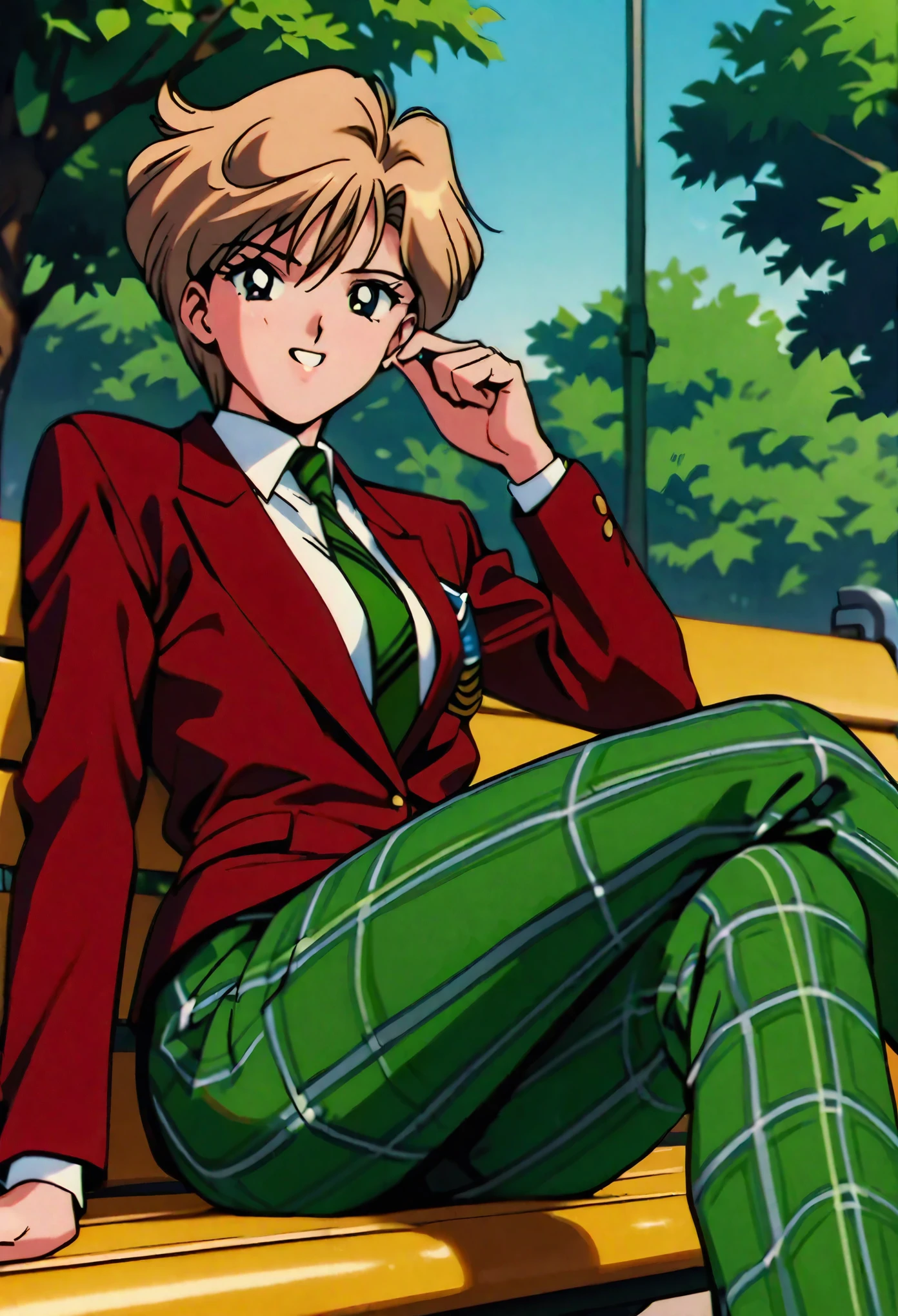 masterpiece,best quality,very aesthetic,absurdres,1990s \(style\),1girl,solo,flat chest,Sailor Uranus XL,blue eyes,plaid pants,necktie,short hair,blonde hair,pants,plaid,jacket,red jacket,mugen ,shirt,very short hair,green pants,green necktie,park,sitting,park bench,crossed legs,looking at viewer,outdoors,grin,