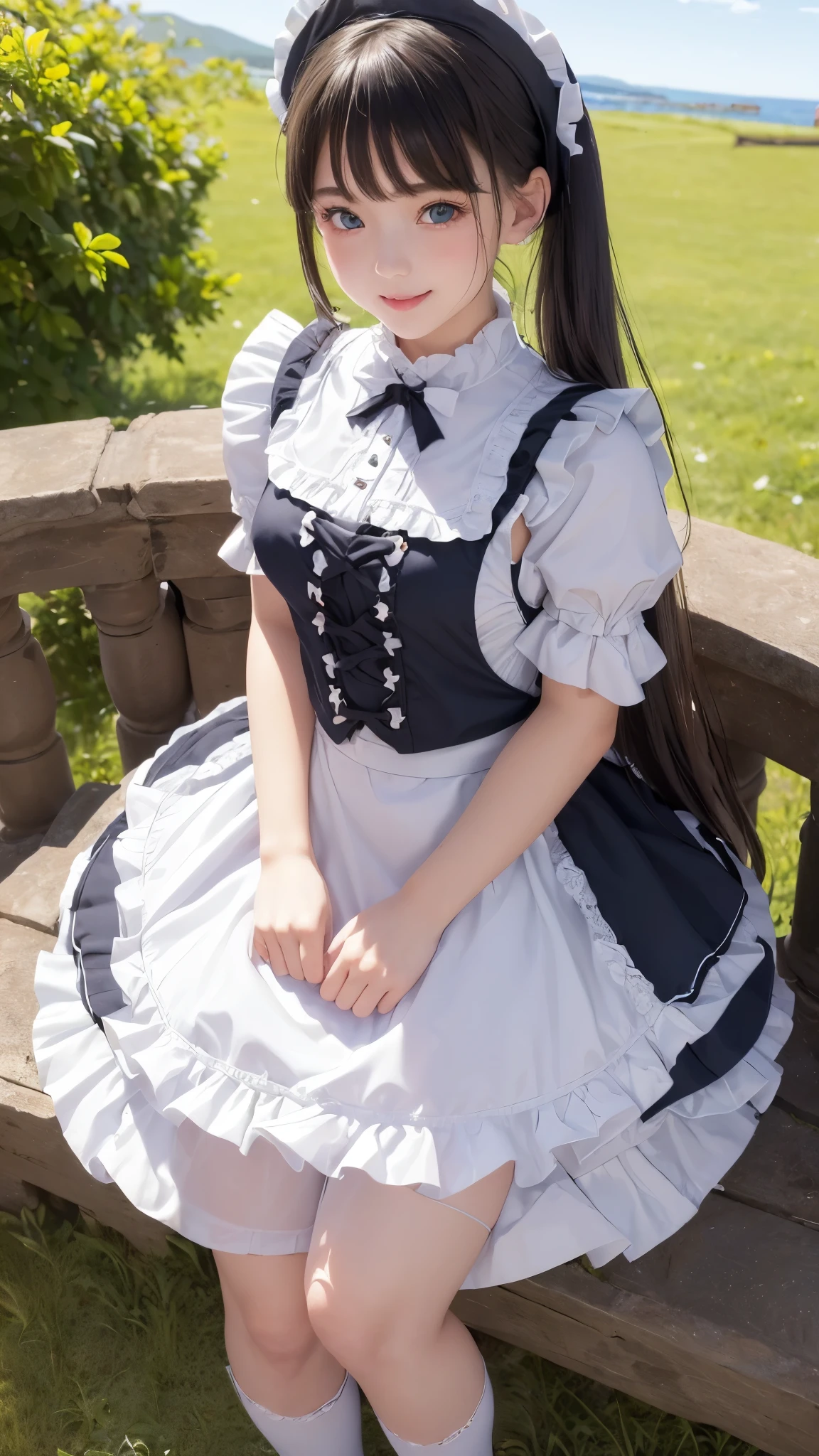 ((masterpiece)), ((highest quality、Ultra high definition)), (Very detailed),8K、Photo quality、((Amazingly cute girl)),( ), Two people, , (Beautiful emerald blue eyes), ((smile)),In the open-air bath overlooking the sea, Beautifully arranged black hair in twin tails、whole body、((Super high-end white see-through summer gothic lolita maid costA super mini skirt with lots of frills))、Professional Lighting、(White lace knee-highore detailed and beautiful)、(More details and cutenesore realistic)、(((Just wear light clothing)))、