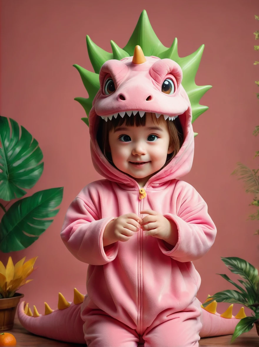 A girl dressed in a pink dinosaur costume