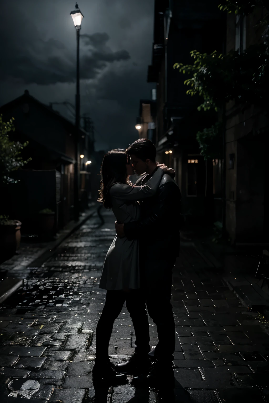 • Two figures, one male and one female, They find themselves in a passionate embrace. Their faces are hidden in the shadows, but the intensity of their connection is conveyed through their posture and body language.
Second plan:
• A night urban landscape, with narrow streets and old buildings. The light from the streetlights reflects on the rain puddles, creating a dark and mysterious atmosphere.
bottom:
• A full moon shines in the sky, surrounded by ominous clouds. Its silver light filters through the tree branches, creating a sense of suspense and danger.