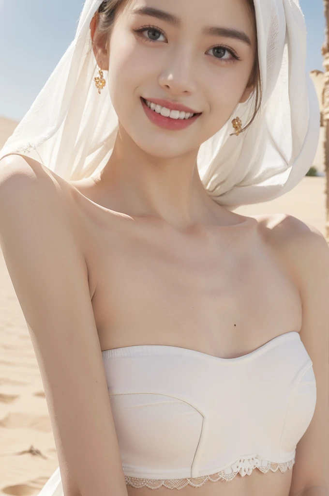 (((best quality))),(((ultra detailed))),(((masterpiece))),illustration,((A beautiful Muslim girl,solo)),((slim,thin)),summer,(in desert:1.3),white headscarf,(strapless white bra:1.3),(laughing:1.3),fair complexion,sun rays,gentle breeze,elegant attire,vast expanse,golden sand,azure sky,dunes,stillness,graceful elegance,(from front:1.3),(close-up of face:1.3),(small breasts:1.2),(flat chest:1.2)