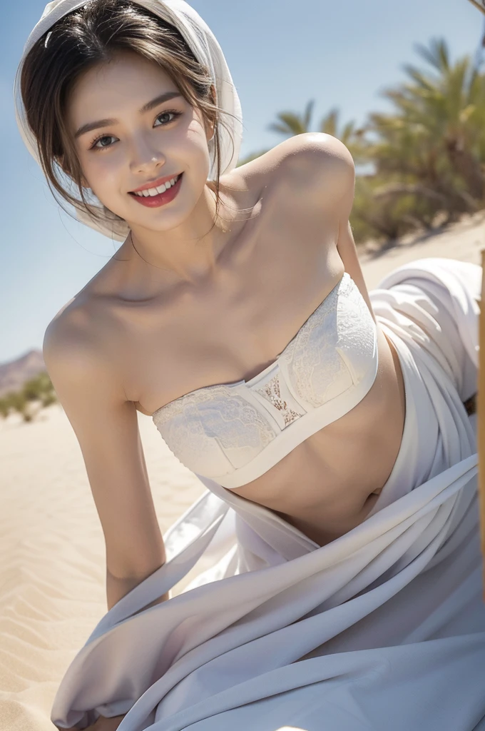 (((best quality))),(((ultra detailed))),(((masterpiece))),illustration,((A beautiful Muslim girl,solo)),((slim,thin)),summer,(in desert:1.3),white headscarf,(strapless white bra:1.3),(laughing:1.3),fair complexion,sun rays,gentle breeze,elegant attire,vast expanse,golden sand,azure sky,dunes,stillness,graceful elegance,(from front:1.3),(close-up of face:1.3),(small breasts:1.2),(flat chest:1.2)