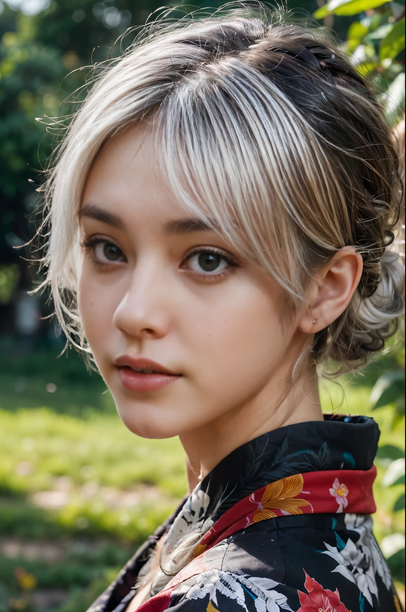 Upperbody portrait of a beautiful japanese girl with ((white hair:1.28) with (black hair face-framing highlights:1.31), (partial highlights hairstyle:1.4), extreme detailed hair), beautiful detailed eyes, beautiful detailed lips, extremely detailed face, long eyelashes,  slim body, expose sagging breast, (wearing red kimono:1.2), sitting with cross-legged, on the grass field, warm ambient, intricate details, cinematic composition, highly detailed, photorealistic, digital art, vibrant colors, natural lighting, ethereal, skyview background, seen from forward, photon mapping