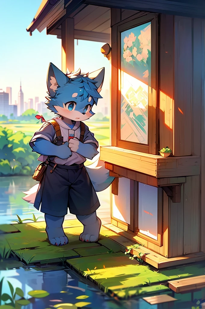 Blue fur, Canine, fox motif, boy, uniform,expensive，One person，Stand up on your own feet，expensive，Cityscape，expensive，，Rural Scenery，Rice field scenery，