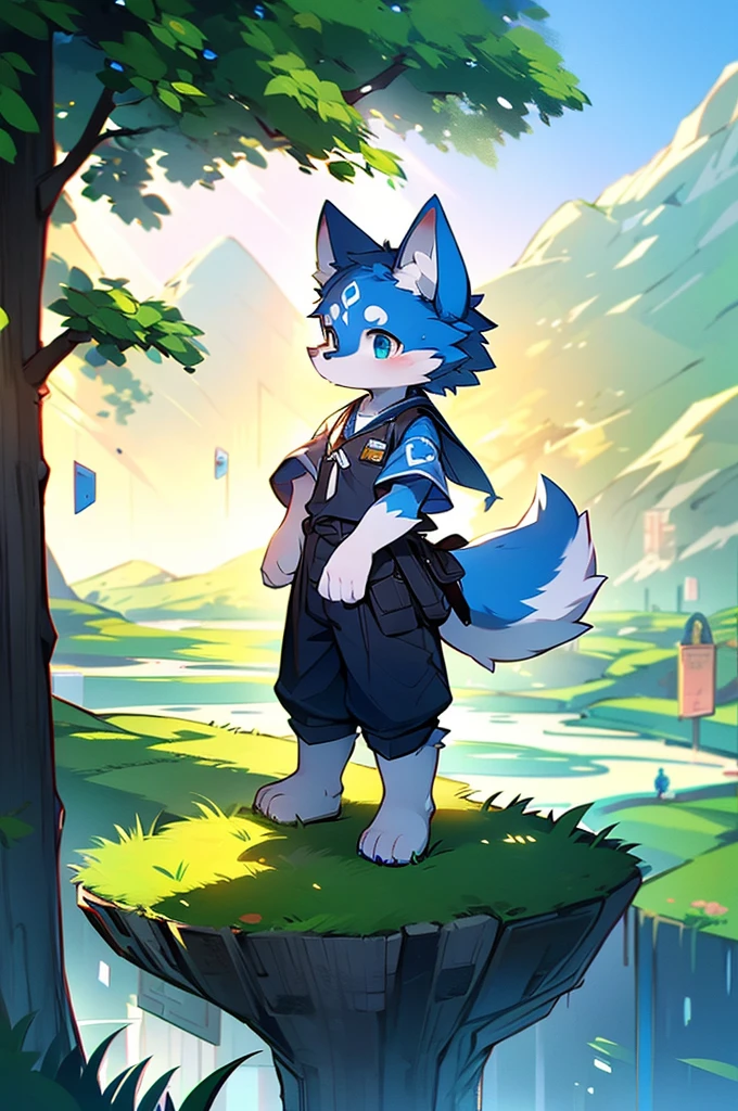Blue fur, Canine, fox motif, boy, uniform,expensive,One person,Stand up on your own feet,expensive,Cityscape,expensive,,Rural Scenery,Rice field scenery,