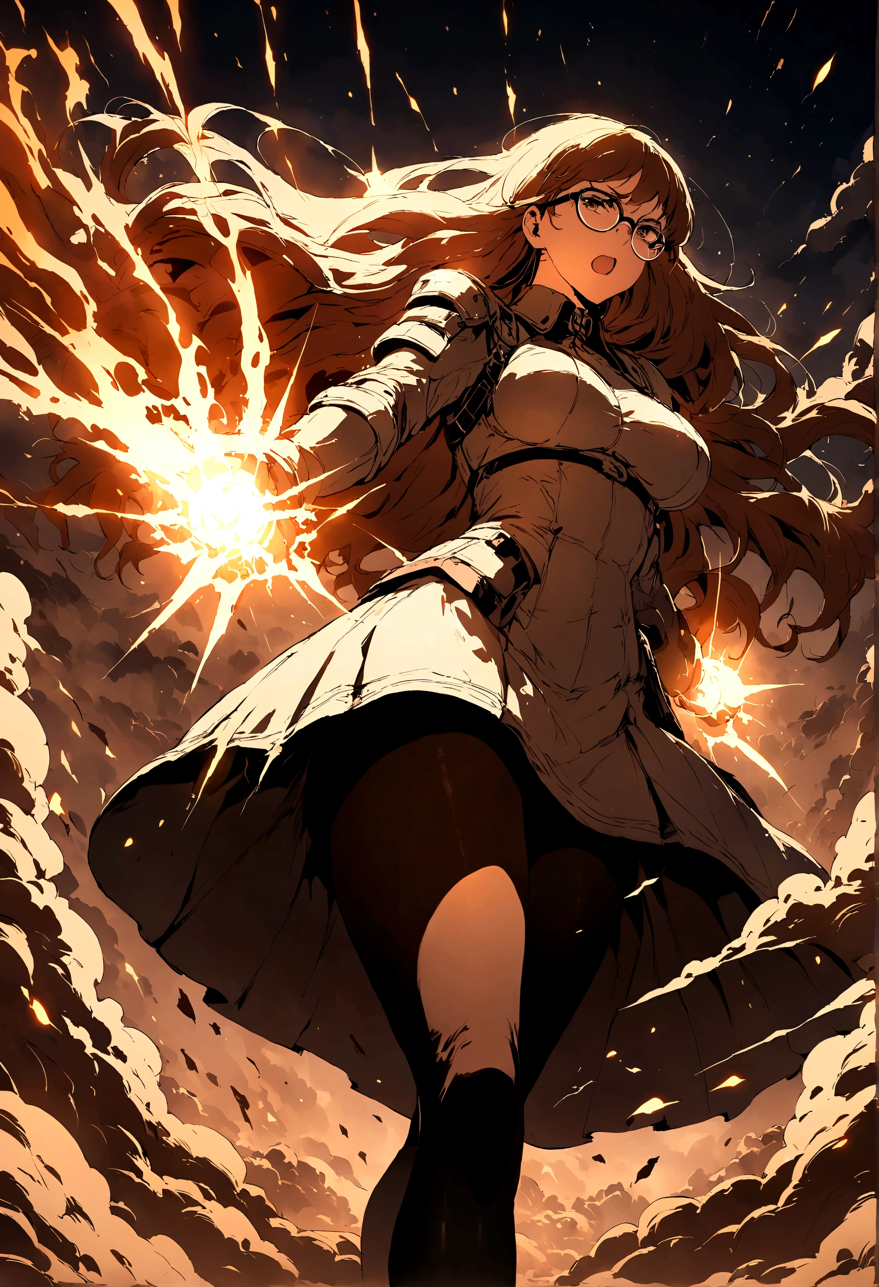 ((Tights)),future technology,Illustration style,Long hair,beautiful,explode,Dust rolling,Dark,Glasses