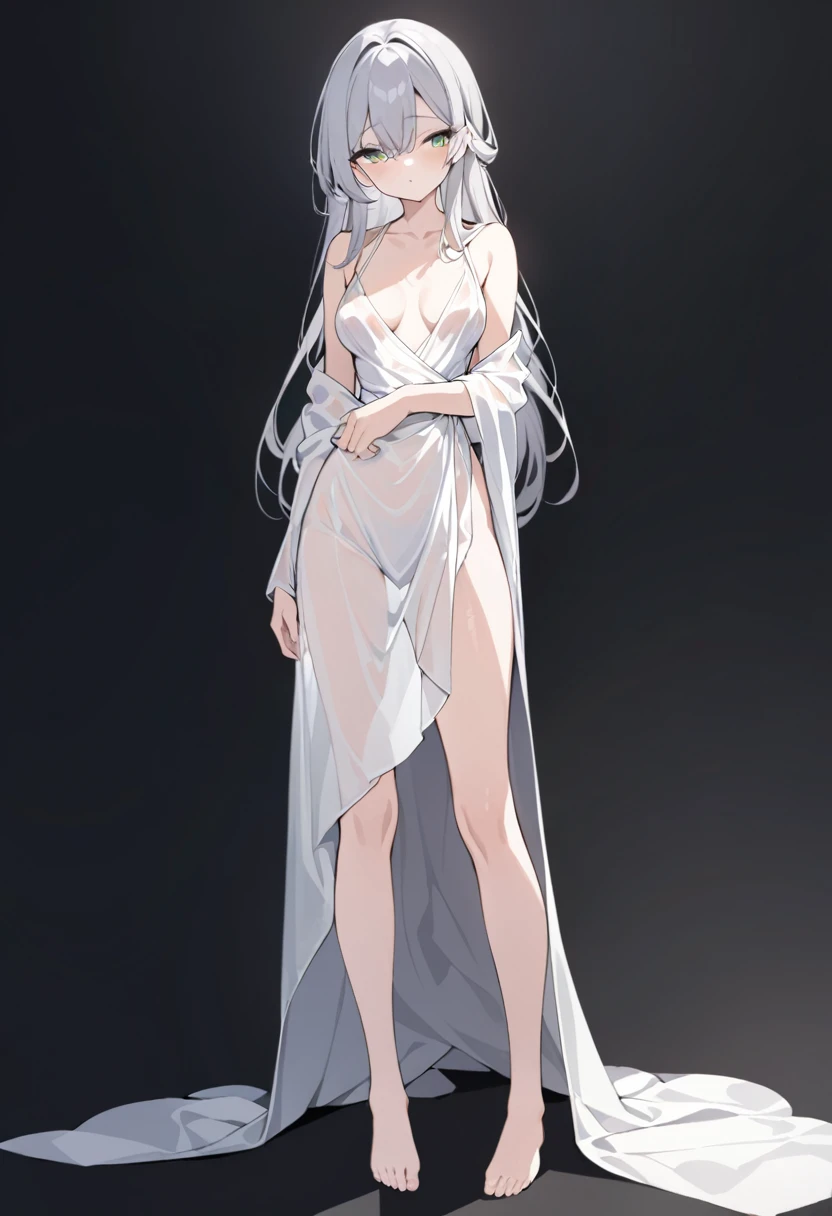 1woman,solo,silver hair, long hair, green eyes,White transparent long sheer silk wrap
dress,collarbone,barefoot,medium breasts,standing,full body,front view,black background,simple background,masterpiece, best quality, very aesthetic, absurdres