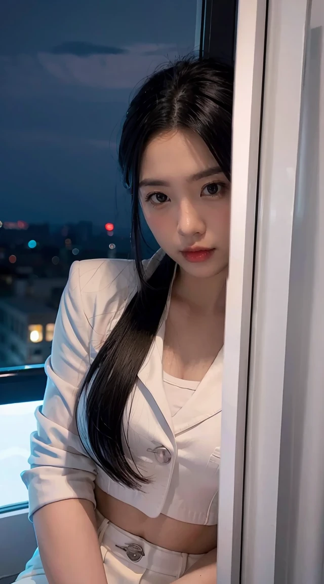 Night, pitch black, by the window, a pt=retty girl, white suit, panic, energy flow around, red moonlight, black eyes, facial ultra-detail, short black hair, facial ultra-detail, highly realistic, 4K, chiaroscuro, super high detail