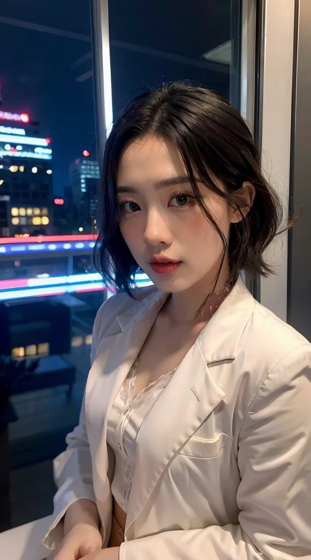 Night, pitch black, by the window, a pt=retty girl, white suit, panic, energy flow around, red moonlight, black eyes, facial ultra-detail, short black hair, facial ultra-detail, highly realistic, 4K, chiaroscuro, super high detail