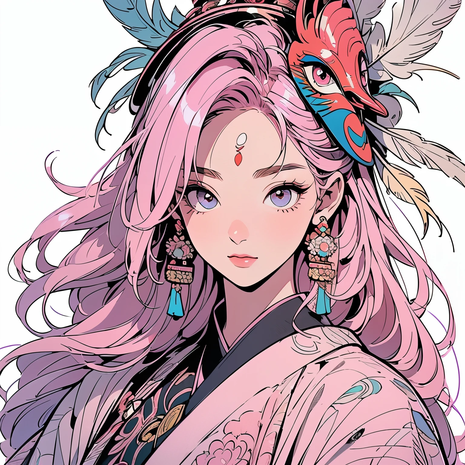 kimono, 完璧なkimono, 詳細なkimono, first-class, Super detailed, White background only, (((Super detailedな装飾))),One Woman, Perfect Face, Faint lighting, (((head shot))), Super detailedな髪、(((Sparkling Eyes))),mysterious, Golden Belt, The wind is blowing, Apparition, Japanese style, Panorama, Long Shot, (((Narrow-eyed beauty))),(((Indian-style feather headdress on head))),Upper Body,(((Complex eye pattern)))、(((He wears an intricate bird-head mask on his head.)))、A beautiful woman、Detailed face、Best quality face、Large feather ornament、(((Pink Hair)))、Feather decoration on eyelashes、Gradient eyes、Gradient Hair