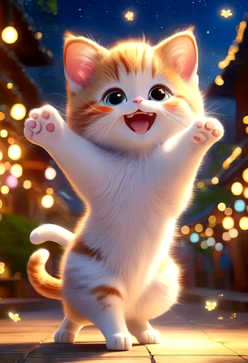 Anime Cat ,dance,Has a happy expression,Beautiful natural light at night time,Cat-focused movies, Dynamic pose, Dynamic Background, Dynamic configuration, Dynamic Lighting, Realistic proportions, High resolution, Ray Tracing, Very detailed, Super detailed, Intricate details, Very detailed雰囲気, Very detailedテクスチャ.