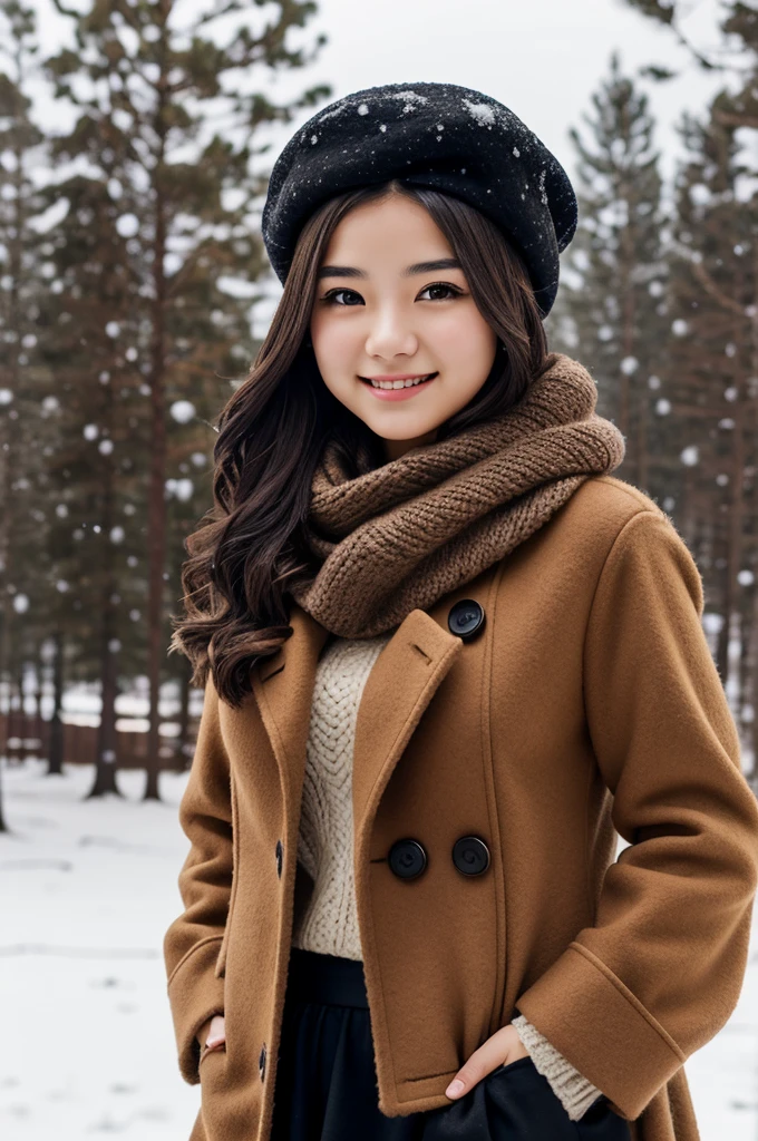 solo girl, 20 years old,medium hair, dark brown hair, brown eyes, medium breast, happy,pea coat,beret,fluffy scarf,maxi skirt ,outdoors, winter,snow, Best Quality, High resolution, Extremely detailed, Detailed background, Perfect Lighting