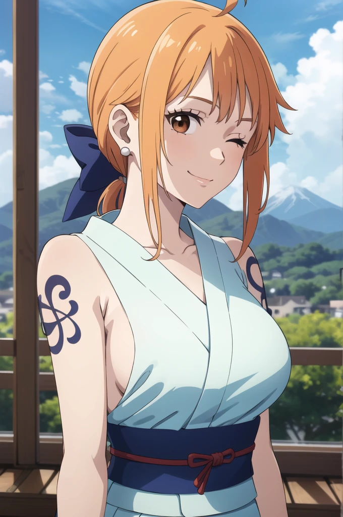 2d, masterpiece, best quality, anime, highly detailed face, highly detailed background, perfect lighting, wano, nami, 1girl, solo, one eye closed, long hair, smile, jewelry, sash, japanese clothes, obi, orange hair, kimono, bow, light blue kimono, flower, flower print, earrings, looking at viewer, sleeveless kimono, ahoge, ribbon, hair bow, sky, day, bracelet, sleeveless, ;\), blue bow, outdoors, breasts, cloud, closed mouth, ponytail, blue sky, brown eyes, orange eyes, left shoulder tattoo, bare shoulders, very long hair, sidelocks, bangs, collarbone, upper body, left arm tattoo, bare arms, official alternate costume, blurry, hand gesture, alternate costume, medium breasts, blurry background, large breasts, eyelashes, mountain, parody, cloudy sky, sitting, shiny hair, bangle, wavy hair, naked nude