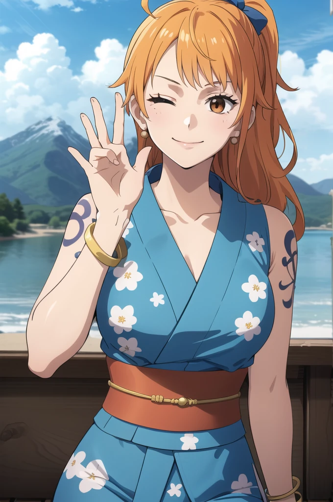 2d, masterpiece, best quality, anime, highly detailed face, highly detailed background, perfect lighting, wano, nami, 1girl, solo, one eye closed, long hair, smile, jewelry, sash, japanese clothes, obi, orange hair, kimono, bow, light blue kimono, flower, flower print, earrings, looking at viewer, sleeveless kimono, ahoge, ribbon, hair bow, sky, day, bracelet, sleeveless, ;\), blue bow, outdoors, breasts, cloud, closed mouth, ponytail, blue sky, brown eyes, orange eyes, left shoulder tattoo, bare shoulders, very long hair, sidelocks, bangs, collarbone, upper body, left arm tattoo, bare arms, official alternate costume, blurry, hand gesture, alternate costume, medium breasts, blurry background, large breasts, eyelashes, mountain, parody, cloudy sky, sitting, shiny hair, bangle, wavy hair, naked nude