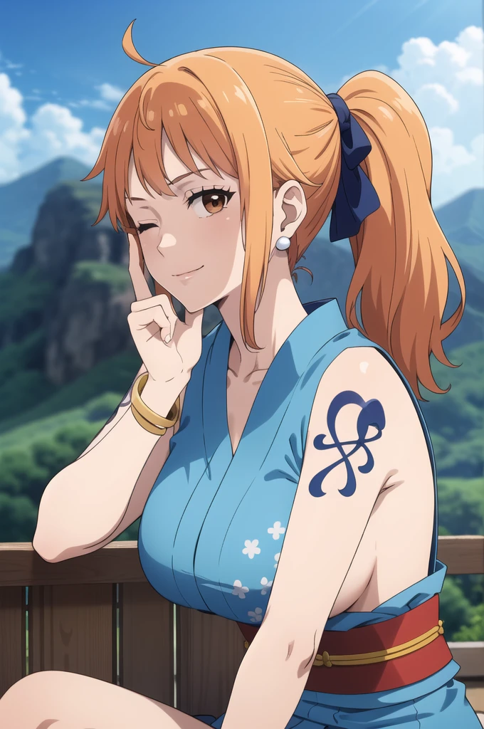 2d, masterpiece, best quality, anime, highly detailed face, highly detailed background, perfect lighting, wano, nami, 1girl, solo, one eye closed, long hair, smile, jewelry, sash, japanese clothes, obi, orange hair, kimono, bow, light blue kimono, flower, flower print, earrings, looking at viewer, sleeveless kimono, ahoge, ribbon, hair bow, sky, day, bracelet, sleeveless, ;\), blue bow, outdoors, breasts, cloud, closed mouth, ponytail, blue sky, brown eyes, orange eyes, left shoulder tattoo, bare shoulders, very long hair, sidelocks, bangs, collarbone, upper body, left arm tattoo, bare arms, official alternate costume, blurry, hand gesture, alternate costume, medium breasts, blurry background, large breasts, eyelashes, mountain, parody, cloudy sky, sitting, shiny hair, bangle, wavy hair, naked nude