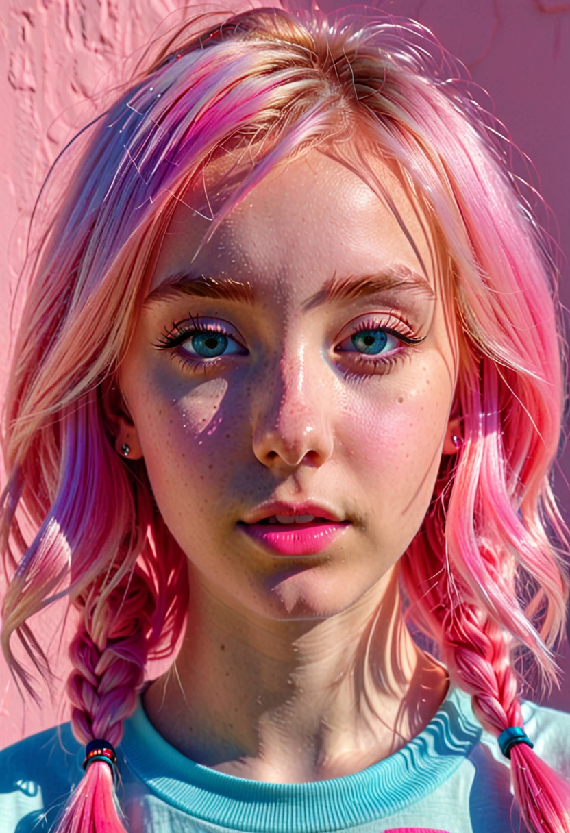 cute blonde 18 year old girl with pink hair, ccurate, Surrealism, drop shadow, anaglyph, stereogram, tachi-e, pov, atmospheric perspective, 8k, super detail, best quality