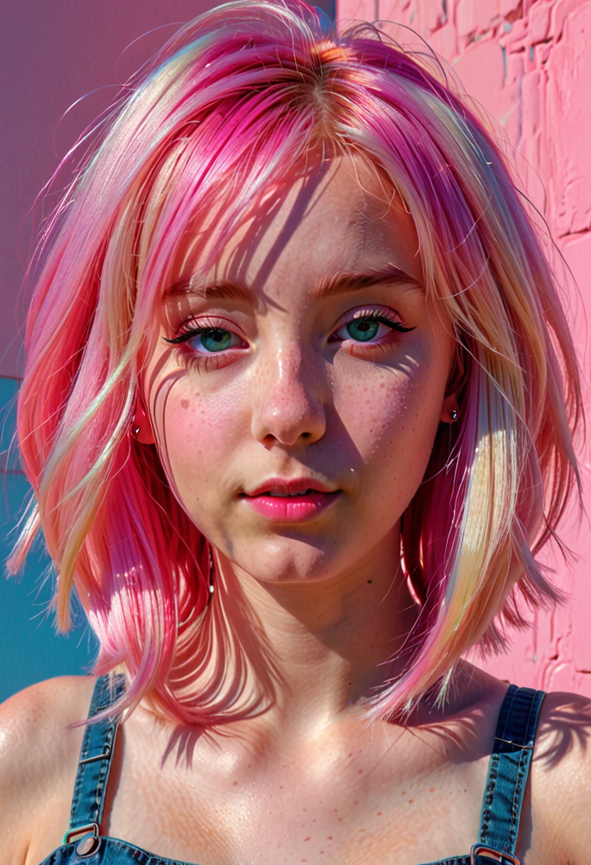cute blonde 18 year old girl with pink hair, ccurate, Surrealism, drop shadow, anaglyph, stereogram, tachi-e, pov, atmospheric perspective, 8k, super detail, best quality