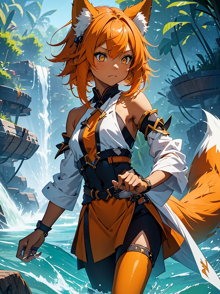 Young girl with shoulder length orange hair and yellow eyes, wearing a simple tunic, orange fox ears with a white tip and nine orange fox tails with white tips.