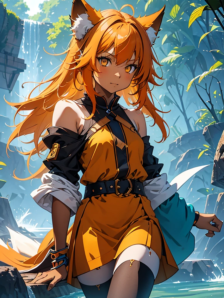 Young girl with shoulder length orange hair and yellow eyes, wearing a simple tunic, orange fox ears with a white tip and nine orange fox tails with white tips.