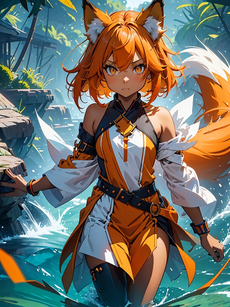 Young girl with shoulder length orange hair and yellow eyes, wearing a simple tunic, orange fox ears with a white tip and nine orange fox tails with white tips.