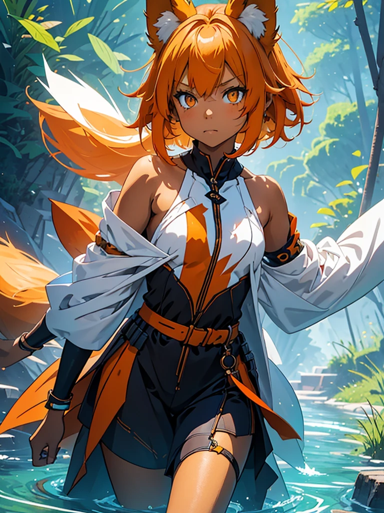 Young girl with shoulder length orange hair and yellow eyes, wearing a simple tunic, orange fox ears with a white tip and nine orange fox tails with white tips.