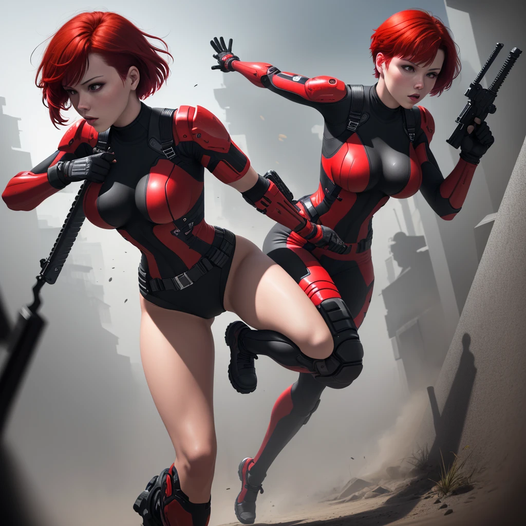 Combat Actions, Holding Weapons, Full Body,RED SHORT HAIR,  Super Sexy ,ultra-detailed, 

((High resolution)),((high detailed))
