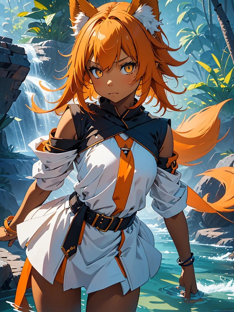 Young girl with shoulder length orange hair and yellow eyes, wearing a simple tunic, orange fox ears with a white tip and nine orange fox tails with white tips.