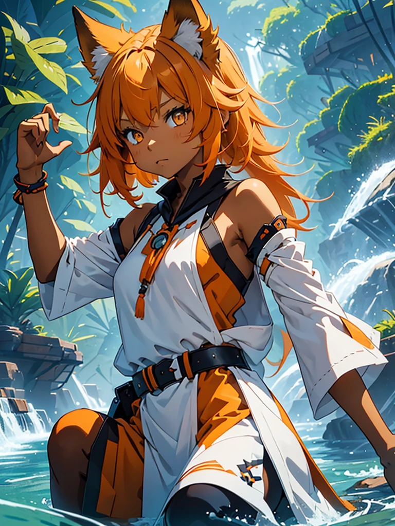 Young girl with shoulder length orange hair and yellow eyes, wearing a simple tunic, orange fox ears with a white tip and nine orange fox tails with white tips.