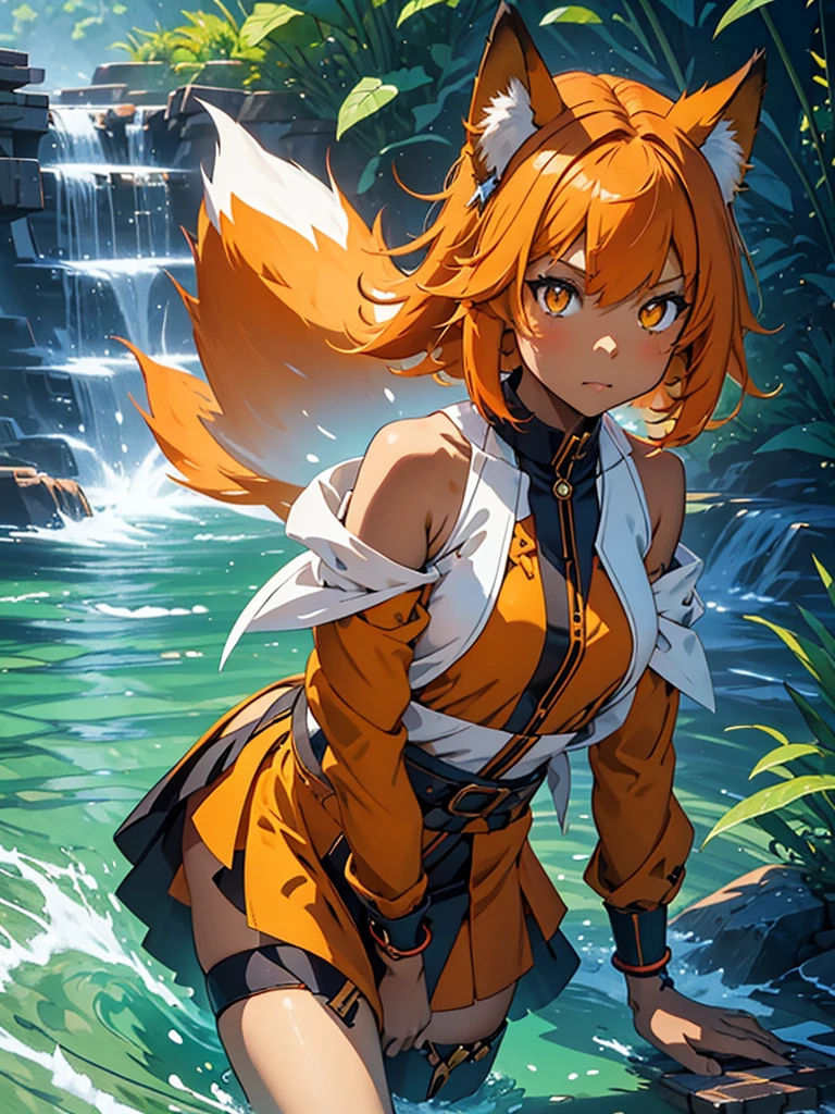 Young girl with shoulder length orange hair and yellow eyes, wearing a simple tunic, orange fox ears with a white tip and nine orange fox tails with white tips.