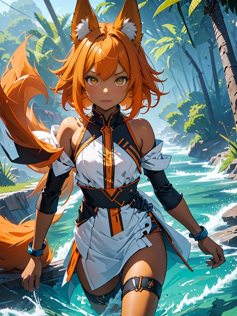 Young girl with shoulder length orange hair and yellow eyes, wearing a simple tunic, orange fox ears with a white tip and nine orange fox tails with white tips.