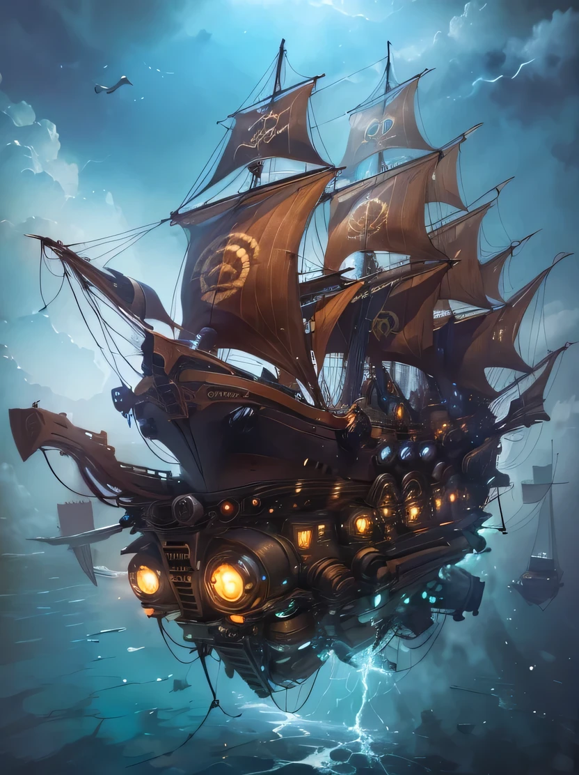 ((masterpiece、Highest quality、Very detailed、High resolution、Realistic、Sharp focus))、High contrast、Huge waves crashing against the cliffs of a volcanic island、Shark swimming in rough seas、Flying seagull、Futuristic super pirate sailing ship flying over the sea