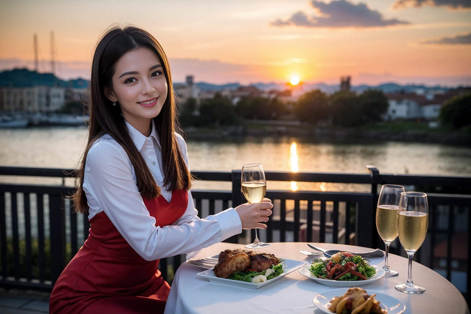 ((Highest quality、8K、masterpiece:1.3))、1 male 1 female、Slim Beauty、Beautiful couple、smile、full-course dinner、 (Slim face), (the body is スリム), (Brown Hair), (Shortcuts), ((Bob Hale、Straight hair:1.2)), テーブルの上のwine glass、Shine light on your face、 Amazing view of the sunset sky and clouds、smileの美しさ、Bright image、Blushing, Shortcuts, (Age 35), 39 years old, Appetizers、Italian food、Wine bottle、Champagne、sparkling wine、Long sleeve shirt、Red Dress、Attractive beauty、restaurant, Nova Frog Style, actress, model, Upper Body, White wine, red wine, wine glass,