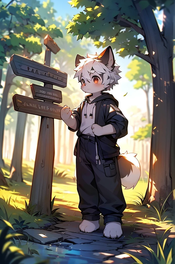 Libido boy，furry wolf，((shota)), Black and white hair, Very good figure, Handsome，adolable, Light：Extreme light and shadow, Reflective skin,Reddish skin，((worn-out clothing，Commoner)) ，((grassy fields，Stone path，Signs，baiyun，solo，solo person))，Outdoor sunset，((the detail))，（depth of fields），standing on your feet