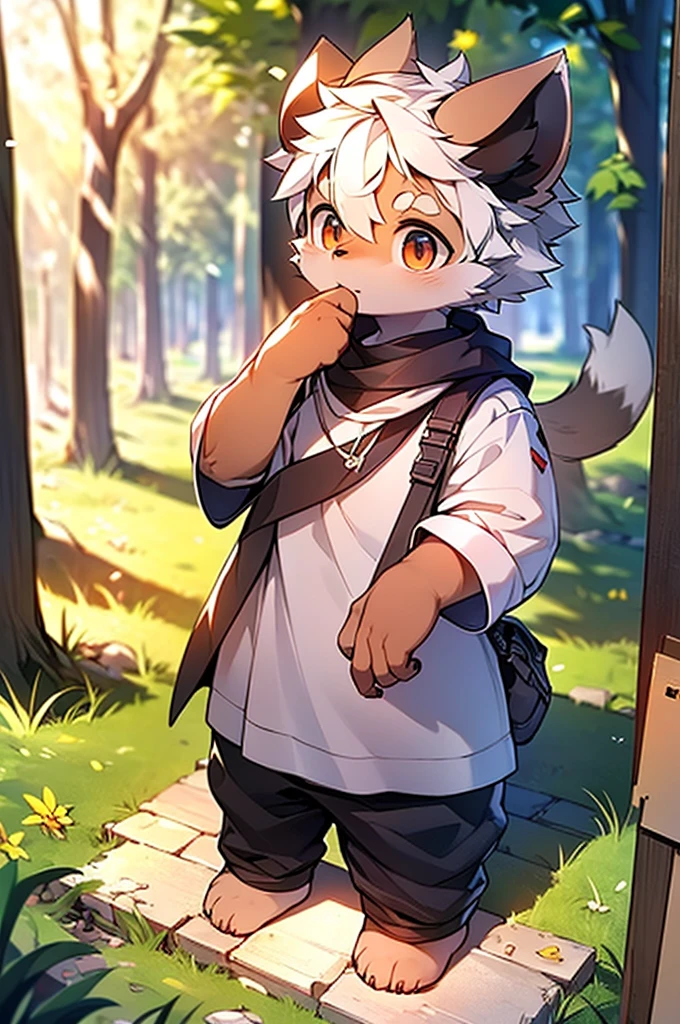 Libido boy,furry wolf,((shota)), Black and white hair, Very good figure, Handsome,adolable, Light:Extreme light and shadow, Reflective skin,Reddish skin,((worn-out clothing,Commoner)) ,((grassy fields,Stone path,Signs,baiyun,solo,solo person)),Outdoor sunset,((the detail)),(depth of fields),standing on your feet
