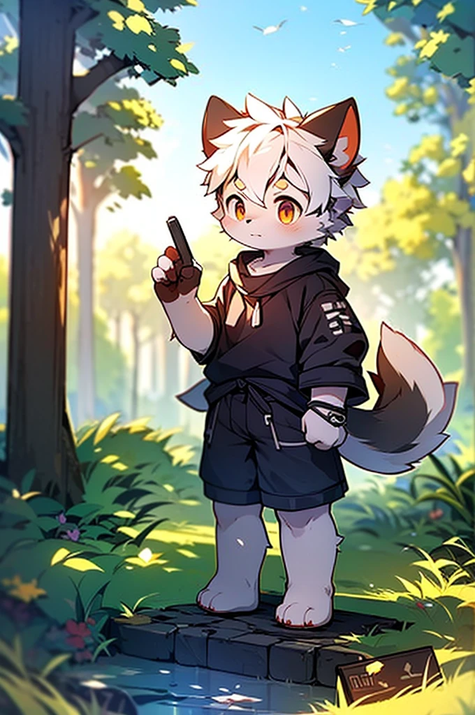 Libido boy,furry wolf,((shota)), Black and white hair, Very good figure, Handsome,adolable, Light:Extreme light and shadow, Reflective skin,Reddish skin,((worn-out clothing,Commoner)) ,((grassy fields,Stone path,Signs,baiyun,solo,solo person)),Outdoor sunset,((the detail)),(depth of fields),standing on your feet