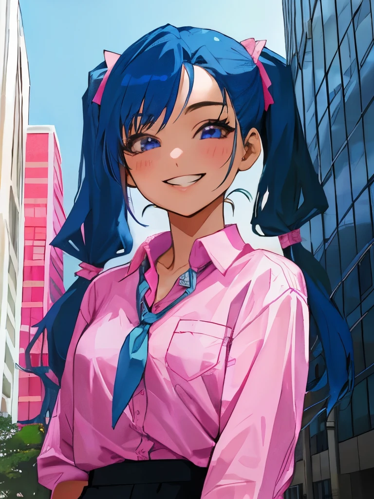 woman, 20 years old, blue hair, pigtails, pink shirt, office building, looking at viewer, grin