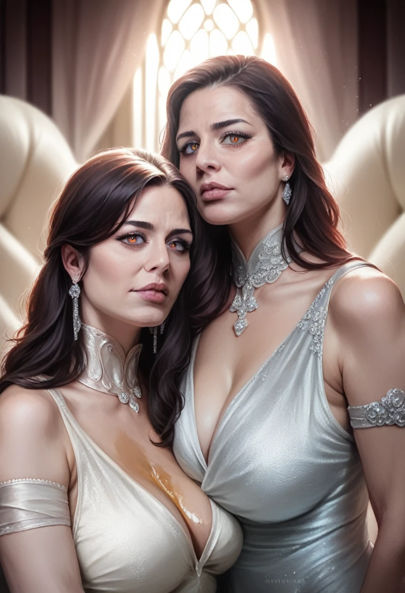 a group of women lounging in a brothel lobby, beautiful detailed eyes, beautiful detailed lips, extremely detailed eyes and face, long eyelashes, elegant dresses, luxurious interior, ornate furnishings, dramatic lighting, (best quality,4k,8k,highres,masterpiece:1.2),ultra-detailed,(realistic,photorealistic,photo-realistic:1.37),dramatic chiaroscuro lighting, moody atmosphere, oil painting, cinematic
