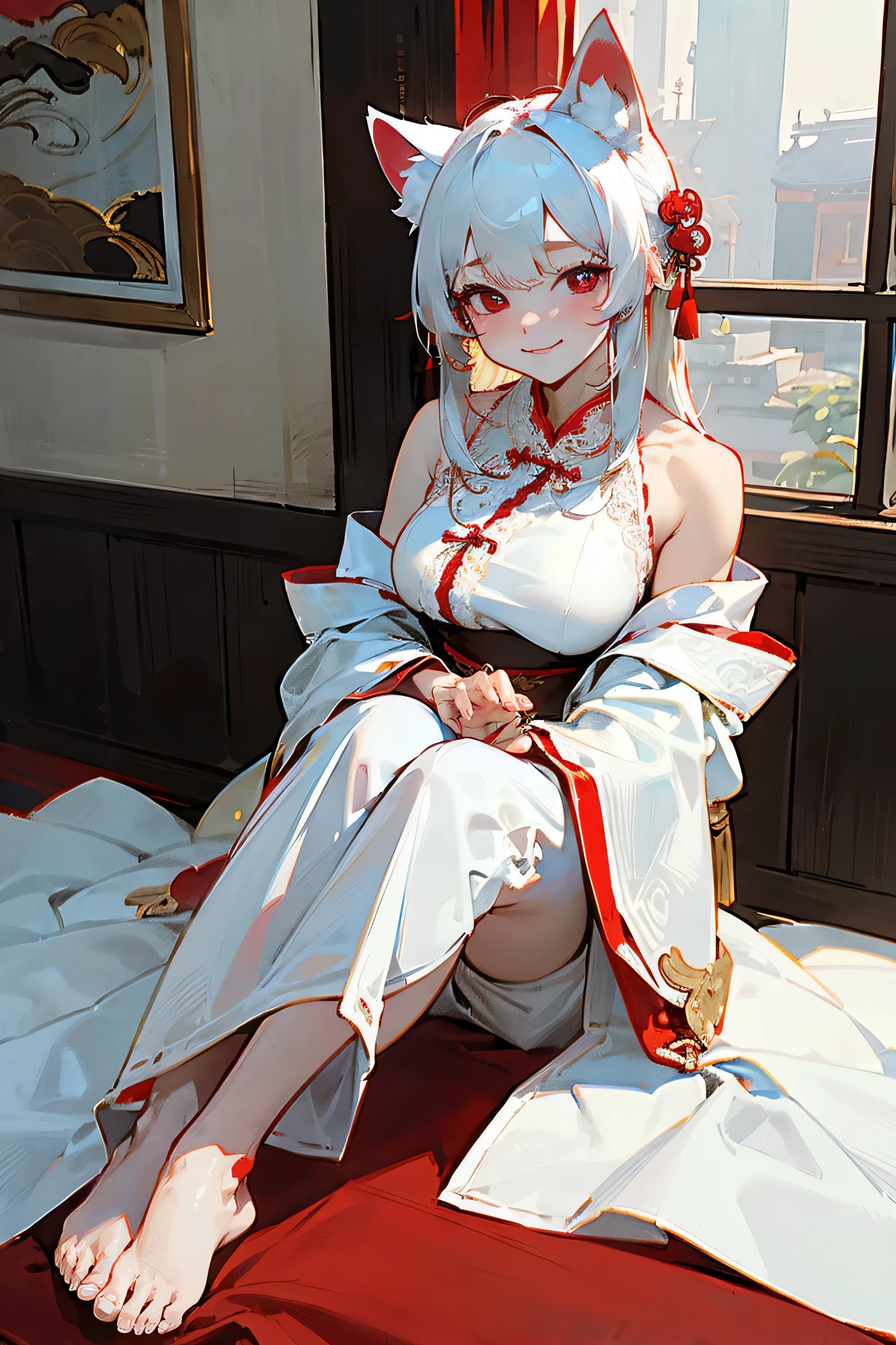 4K,masterpiece,best quality,Traditional Chinese ink painting,White hair, red pupils, dog ears, big breasts beauty,barefoot,Wearing an ancient white robe,The robe has lace on it,Gold bells tied with red ropes on ankles and neck,Sitting gracefully on the bed by the window at dusk,Dress conservatively,Smile,Off-shoulder