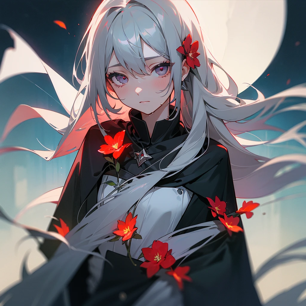 One girl,alone,One girl,alone,((Beautiful attention to detail)), (Detailed light),Depth of written boundary,(Gray Hair),Silver Eyes,Hair on one eye,(Red flower ), Hair Flowers,Long Hair,Black Cape,Wet,emotionless,Recall,night,Starfall,it&#39;s raining,fog,Red flowers falling,sketch,Upper Body,Strong Shadows,