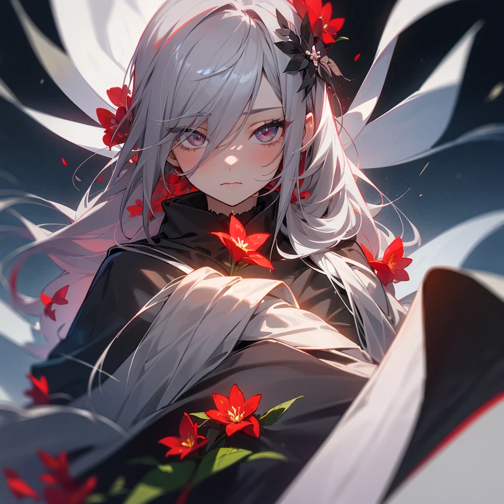 One girl,alone,One girl,alone,((Beautiful attention to detail)), (Detailed light),Depth of written boundary,(Gray Hair),Silver Eyes,Hair on one eye,(Red flower ), Hair Flowers,Long Hair,Black Cape,Wet,emotionless,Recall,night,Starfall,it's raining,fog,Red flowers falling,sketch,Upper Body,Strong Shadows,