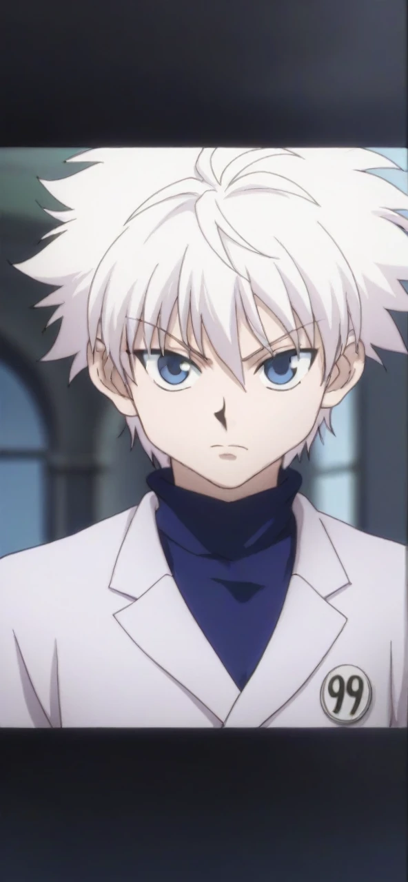 score_9, score_8_up, score_7_up, score_6_up, score_5_up, score_4_up, BREAK source_anime, (best quality:1.1), (masterpiece:1.4), looking at viewer, upper body, depth of field, 1boy, solo, male focus, killua_zoldyck, white hair, blue eyes, blazer, , science fiction cyber-thriller, Hands on the back of the neck, indicating frustration or stress,