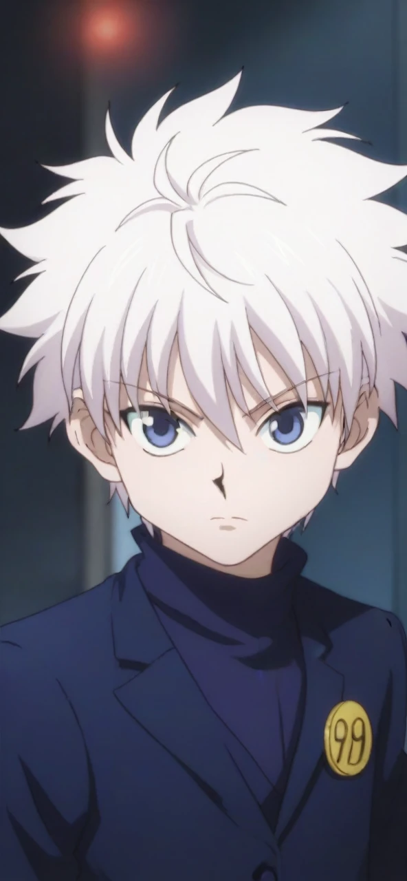 score_9, score_8_up, score_7_up, score_6_up, score_5_up, score_4_up, BREAK source_anime, (best quality:1.1), (masterpiece:1.4), looking at viewer, upper body, depth of field, 1boy, solo, male focus, killua_zoldyck, white hair, blue eyes, blazer, , science fiction cyber-thriller, Hands on the back of the neck, indicating frustration or stress,